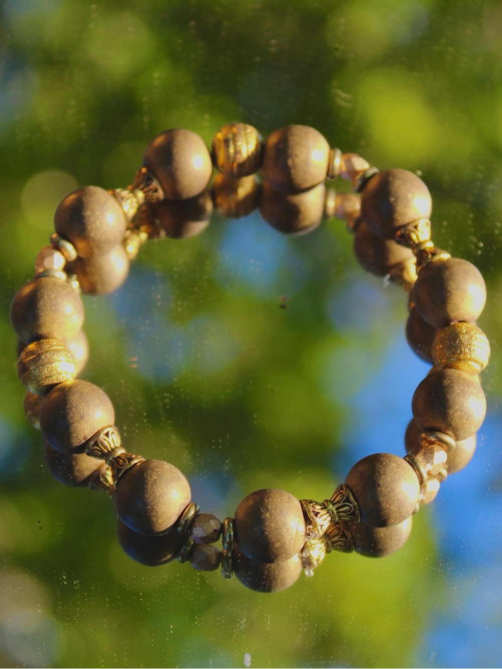 Natural Frosted Brown/Grey Gemstone Gold Spacer Beaded Stretch Bracelet